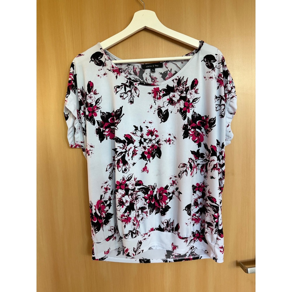Adele & May Women XL Floral Blouse Pink Black White Short Sleeve Banded Hem Top